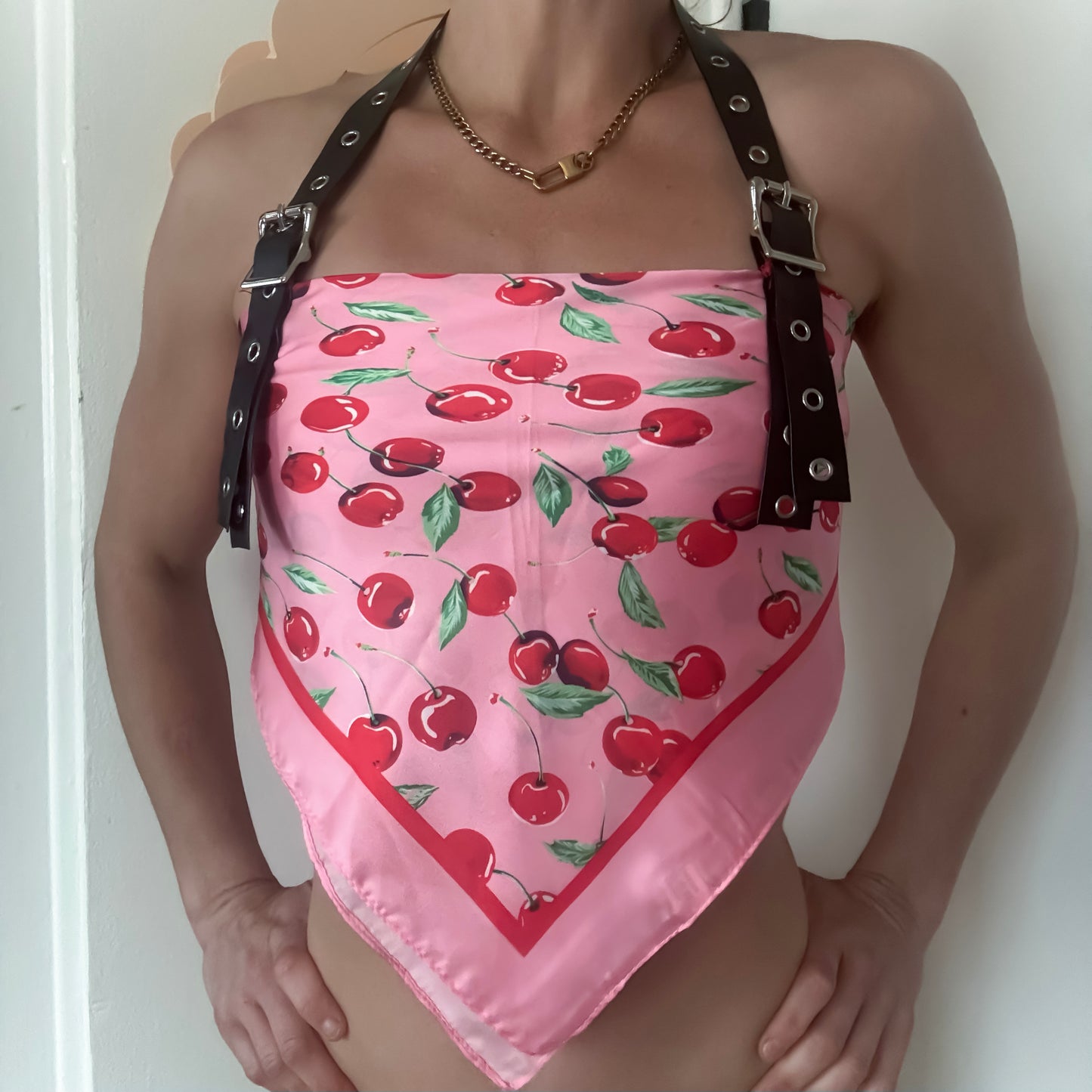 Cherry Print Scarf Top with Black Faux Leather Halter Buckle Straps