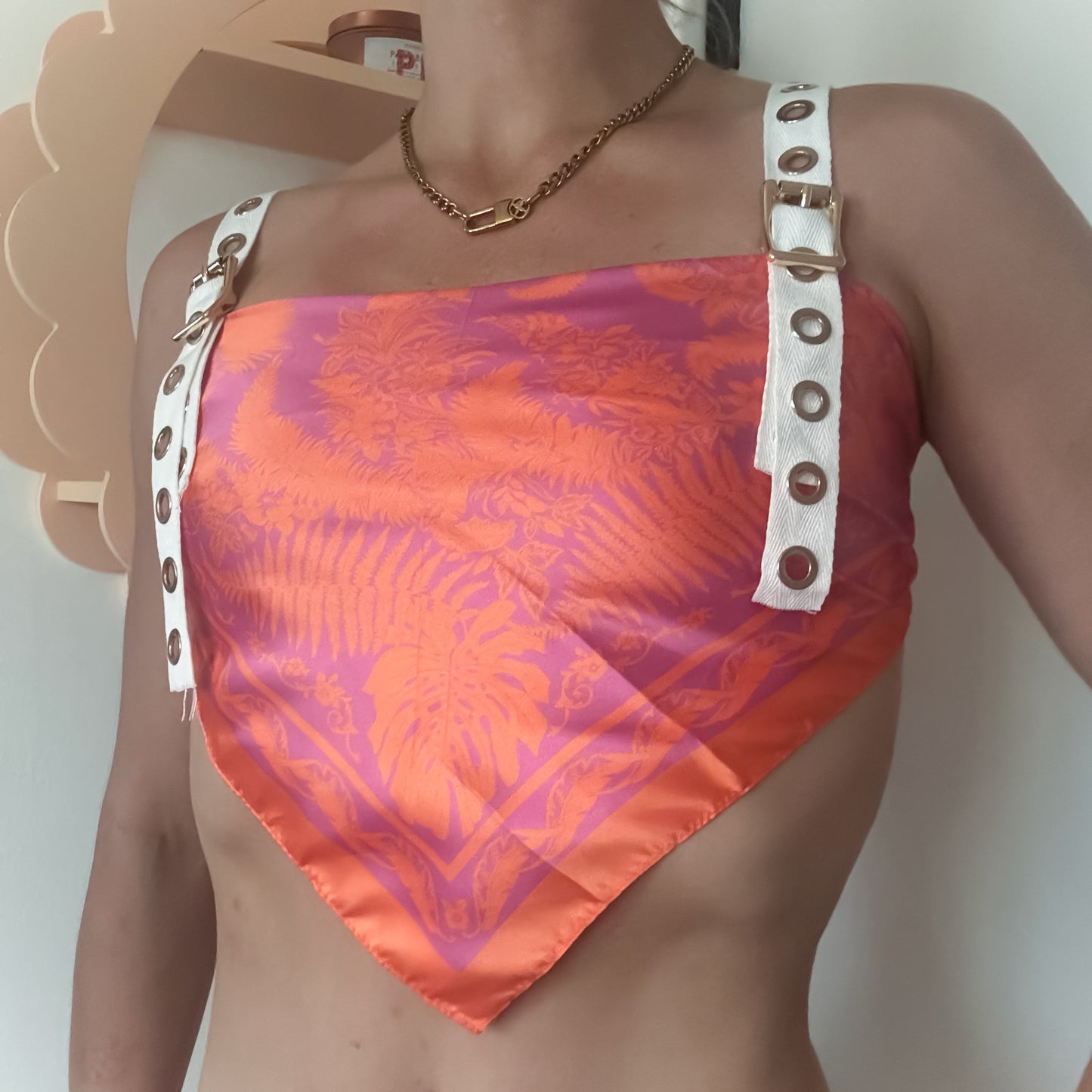 Pink & Orange Tropical Scarf Top with Buckle Straps