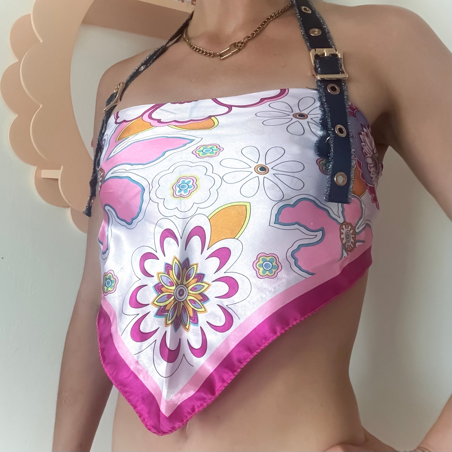 Retro Floral Scarf Halter Top with Halter Buckle Straps & Lace-Up Back