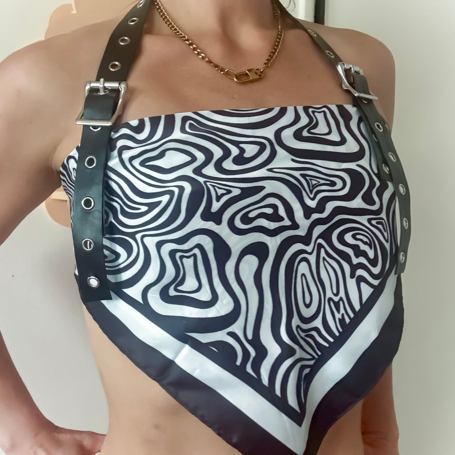 Black & White Abstract Halter Scarf Top with Faux Leather Buckle Straps