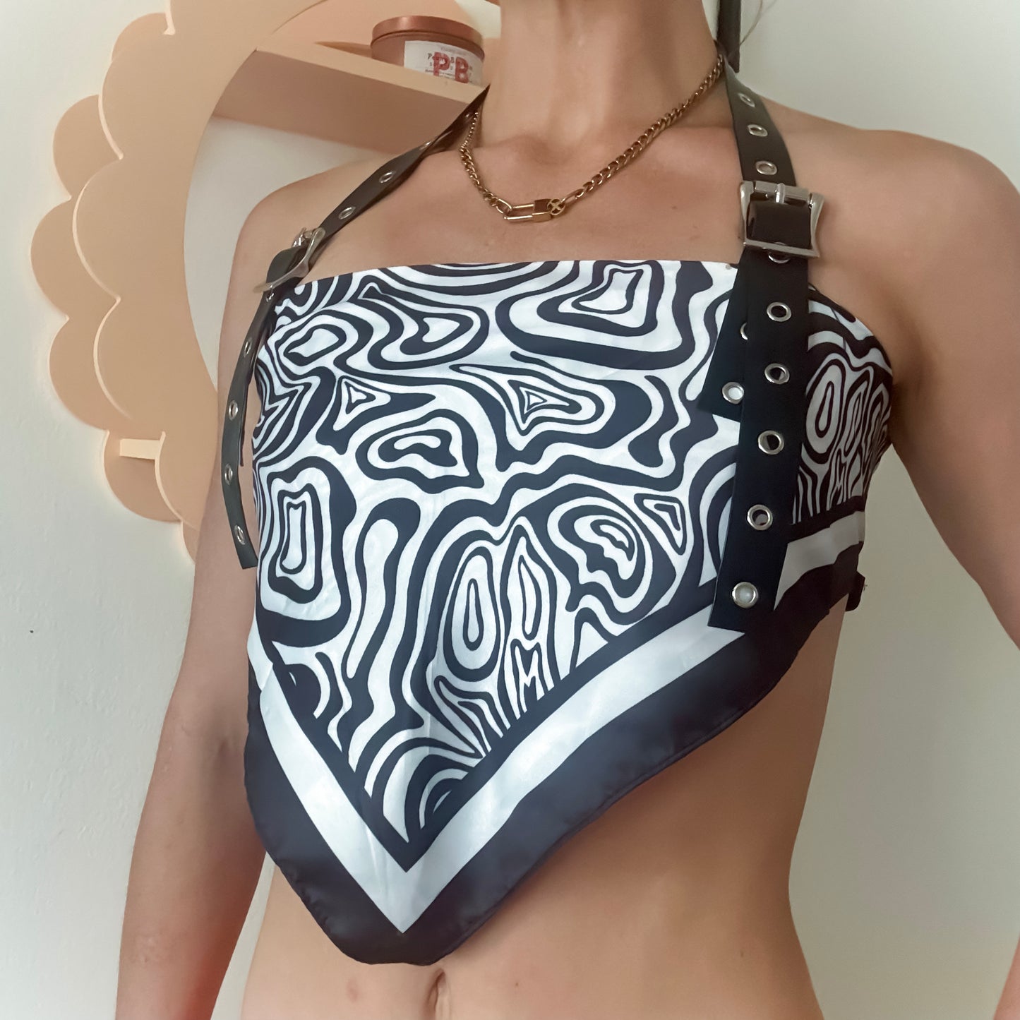 Black & White Abstract Halter Scarf Top with Faux Leather Buckle Straps