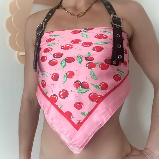 Cherry Print Scarf Top with Black Faux Leather Halter Buckle Straps