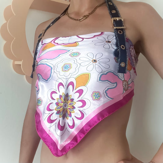 Retro Floral Scarf Halter Top with Halter Buckle Straps & Lace-Up Back
