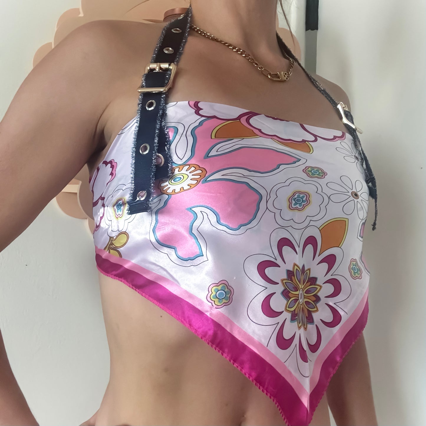 Retro Floral Scarf Halter Top with Halter Buckle Straps & Lace-Up Back