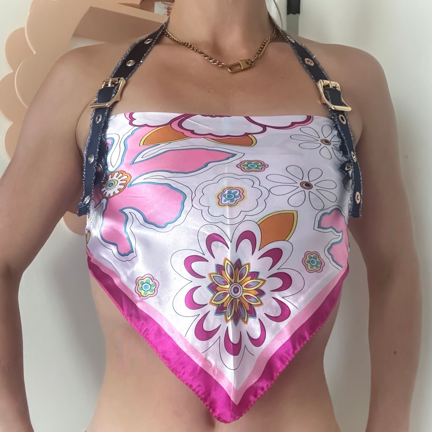 Retro Floral Scarf Halter Top with Halter Buckle Straps & Lace-Up Back
