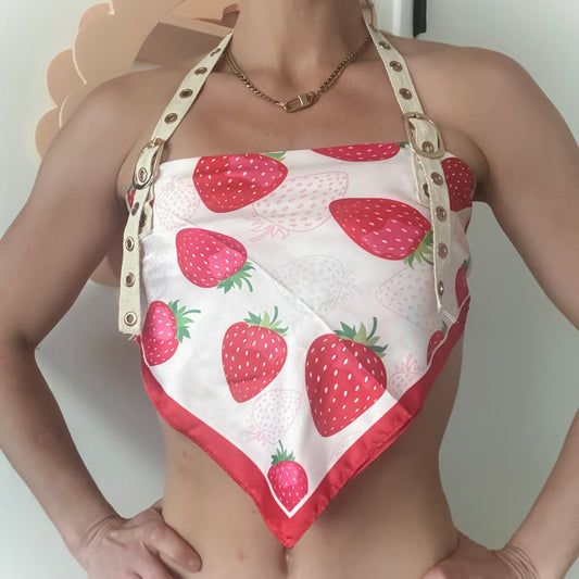 Strawberry Print Scarf Halter Top with Buckle Straps & Lace-Up Back