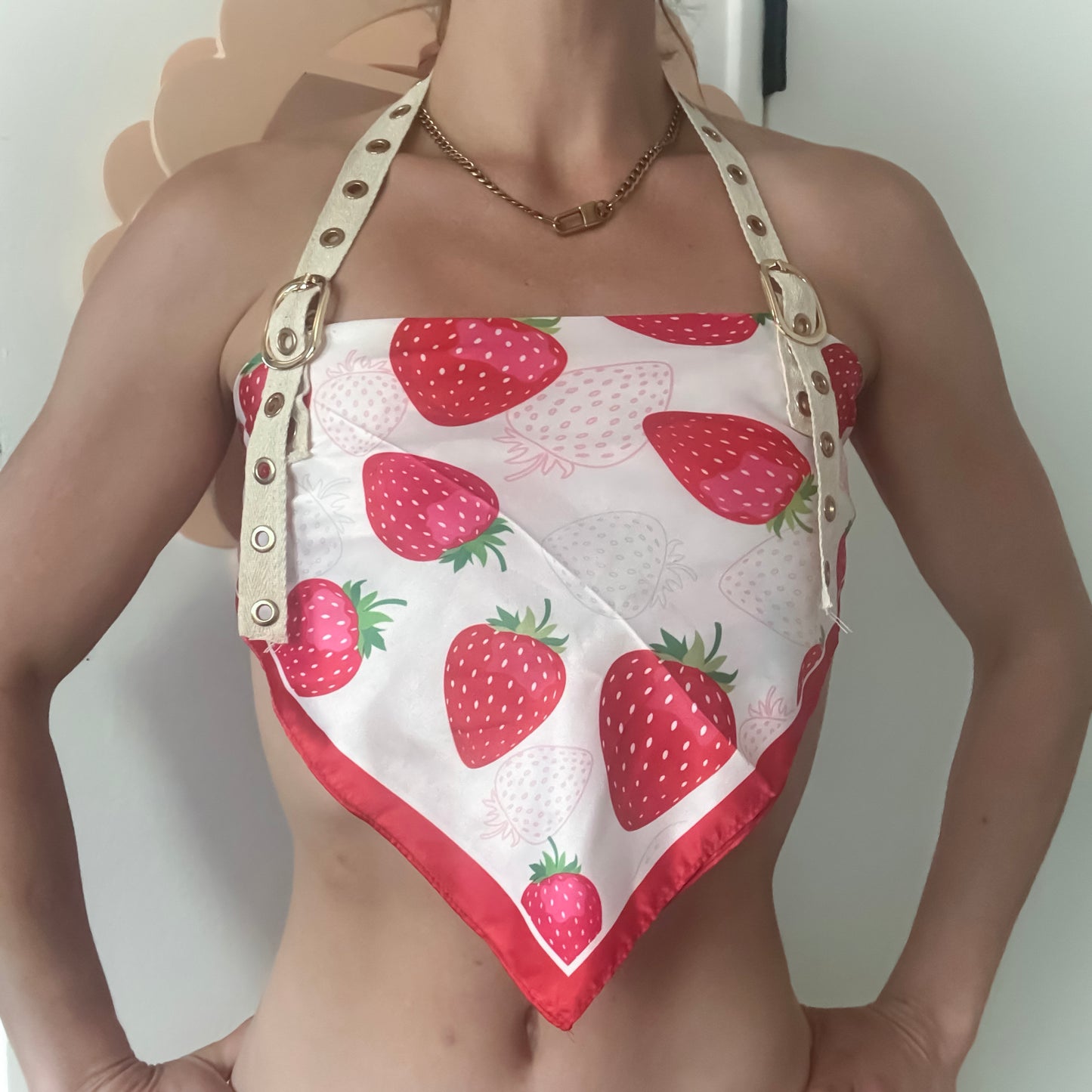 Strawberry Print Scarf Halter Top with Buckle Straps & Lace-Up Back