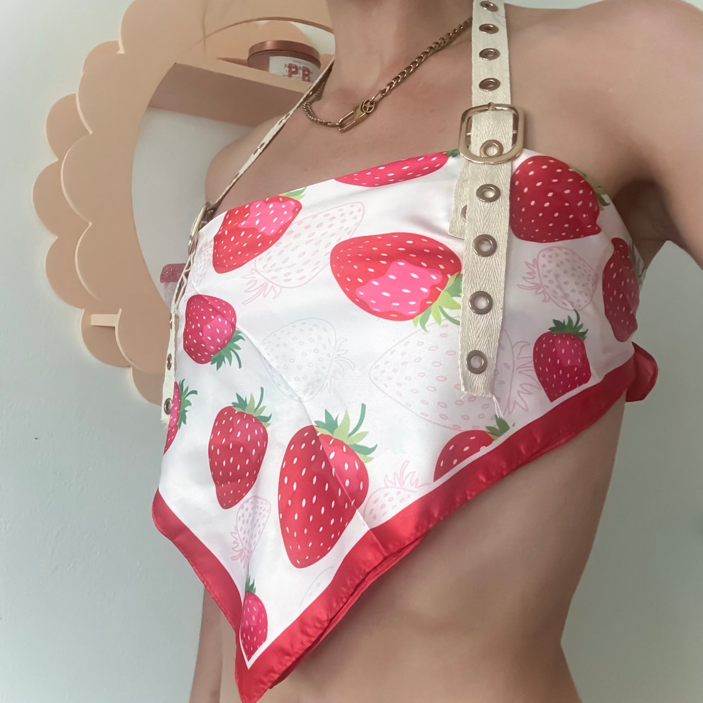 Strawberry Print Scarf Halter Top with Buckle Straps & Lace-Up Back