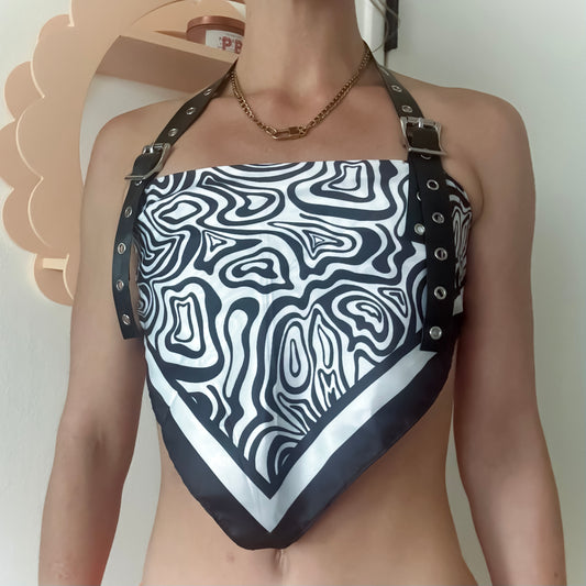 Black & White Abstract Halter Scarf Top with Faux Leather Buckle Straps